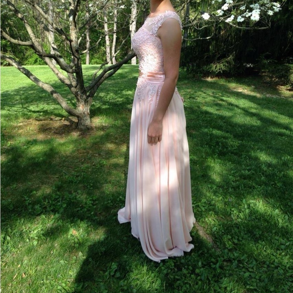 Light Pink Embroidered and Beaded Prom Dress - Picture 8 of 9
